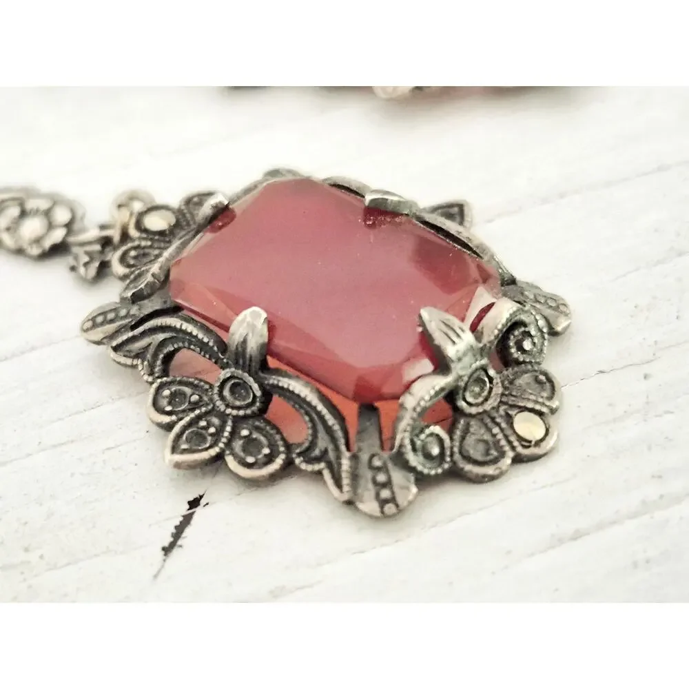 Vintage Victorian Art Deco Sterling Silver Carnelian Marcasite Dangle Earrings